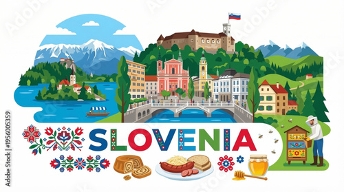 Vibrant Slovenia Cultural Elements Vector Illustration with Ljubljana, Lake Bled, and Alpine Scenery