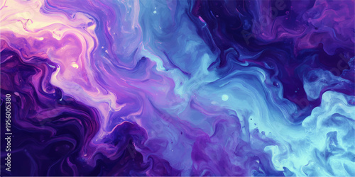 Abstract, a vibrant, fluid and ethereal cosmic dance of colors. The dynamic interplay of swirling blues, purples, and touches of pink.
