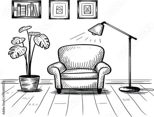 Hand drawn cozy living room interior with armchair, floor lamp, monstera plant and wall pictures frames