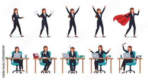 Businesswoman character poses set in diverse work scenarios and actions detailed vector cartoon