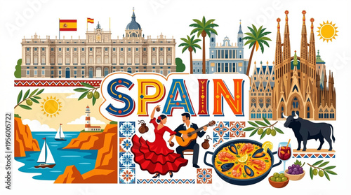 Vibrant Spain Cultural Elements Vector Illustration with Madrid, Barcelona, and Andalusian Motifs