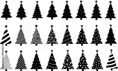 Collection of black Christmas tree silhouettes with various patterns and star toppers for holiday celebration winter season design botanical vector illustration asset sets.