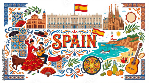 Vibrant Spain Cultural Elements Vector Illustration with Madrid, Barcelona, and Andalusian Motifs