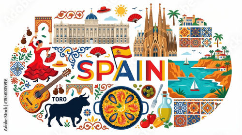 Vibrant Spain Cultural Elements Vector Illustration with Madrid, Barcelona, and Andalusian Motifs