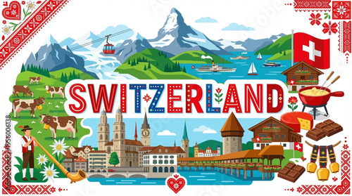 Vibrant Switzerland Cultural Elements Vector Illustration with Zurich, Lucerne, and Alpine Scenery