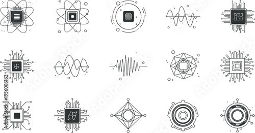 Quantum computing and microchip line icon set with processor wave signal technology vector illustration collection