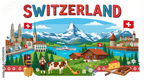 Vibrant Switzerland Cultural Elements Vector Illustration with Zurich, Lucerne, and Alpine Scenery