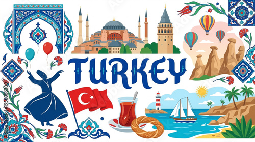 Vibrant Turkey Cultural Elements Vector Illustration with Istanbul, Cappadocia, and Ottoman Symbols