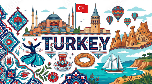 Vibrant Turkey Cultural Elements Vector Illustration with Istanbul, Cappadocia, and Ottoman Symbols