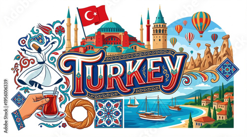 Vibrant Turkey Cultural Elements Vector Illustration with Istanbul, Cappadocia, and Ottoman Symbols