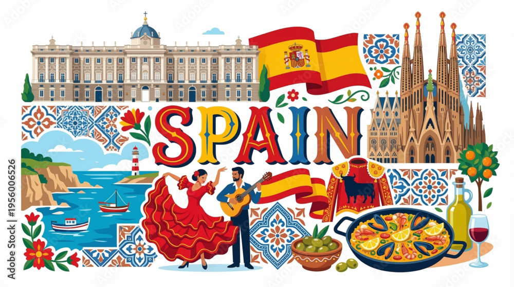 Obraz premium Vibrant Spain Cultural Elements Vector Illustration with Madrid, Barcelona, and Andalusian Motifs