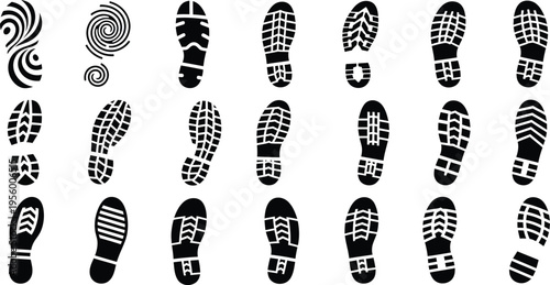 Collection of black and white shoe sole prints and abstract spiral patterns shoe print footprint sole pattern