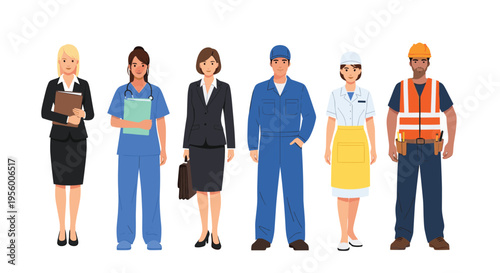 Diverse professional occupations character set flat vector illustration with modern vibrant design