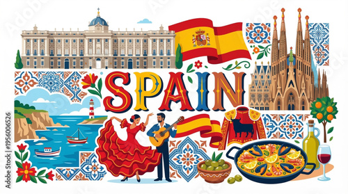 Vibrant Spain Cultural Elements Vector Illustration with Madrid, Barcelona, and Andalusian Motifs
