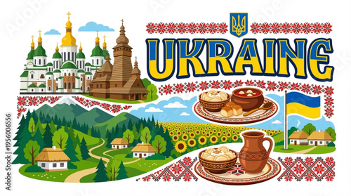 Vibrant Ukraine Cultural Elements Vector Illustration with Kyiv, Carpathians, and Folk Symbols