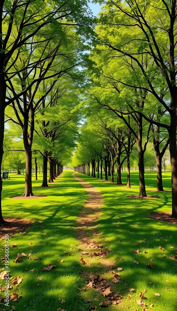 Fototapeta premium Vibrant green expanse with trees and pathways, inviting exploration and learning outdoors, education, grass