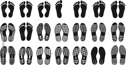 Collection of black footprint and shoe sole silhouettes on white background