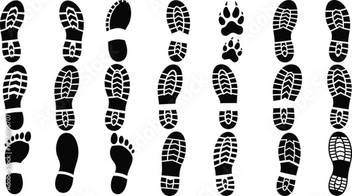 Collection of black shoe prints and animal paw prints on white background footprint boot print sole pattern