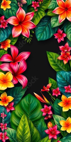 Vibrant floral border with lush leaves and exotic flowers, perfect for summer designs,  colourful,  nature
