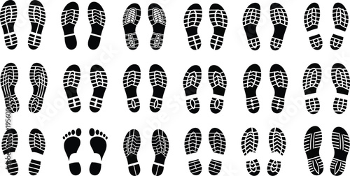 Collection of black shoe sole prints and bare footprints on white background shoe print boot print footwear