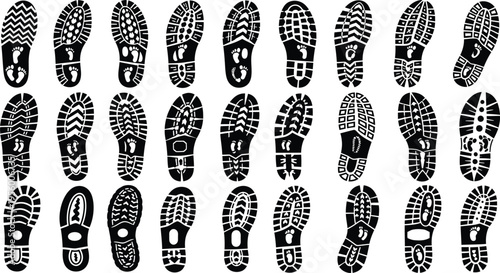 Collection of black shoe sole prints with various tread patterns and footprints boot print shoe print