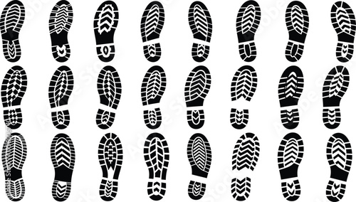 Collection of black shoe sole prints with various tread patterns on a white background shoe print footprint