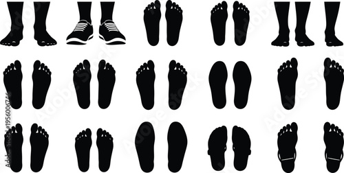 Collection of black silhouette footprints and feet showing different footwear and bare soles footprint silhouette