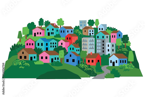 Colorful cartoon illustration of a quaint hillside neighborhood with houses and greenery beautifully arranged together