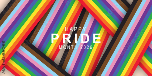 Happy Pride Month 2026 Background with Colorful bow and Bright Pride Month Geometric. set of Gay and LGBT banner, poster, card wallpaper design for Gay Pride Month.