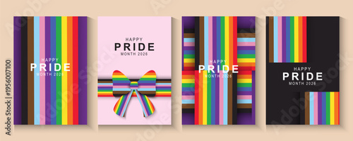 Happy Pride Month 2026 Background with Colorful bow and Bright Pride Month Geometric. set of Gay and LGBT banner, poster, card wallpaper design for Gay Pride Month.