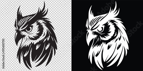 minimalist owl face silhouette vector illustration in black and white flat design