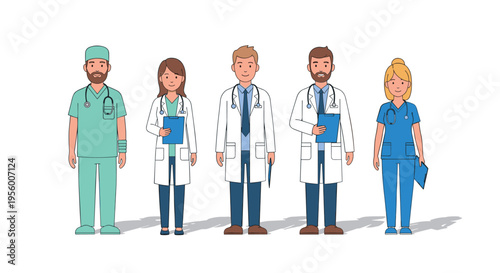 Medical team character set with doctors and nurses in professional hospital uniforms flat vector illustration