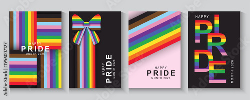 Happy Pride Month 2026 Background with Colorful bow and Bright Pride Month Geometric. set of Gay and LGBT banner, poster, card wallpaper design for Gay Pride Month.