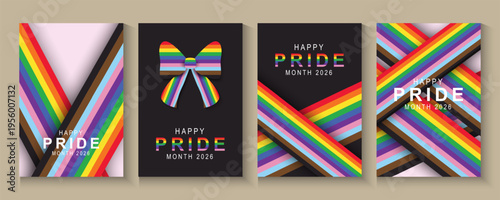 Happy Pride Month 2026 Background with Colorful bow and Bright Pride Month Geometric. set of Gay and LGBT banner, poster, card wallpaper design for Gay Pride Month.