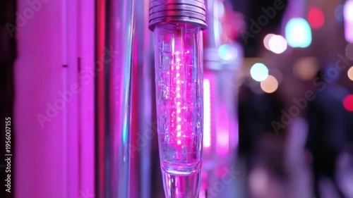 Close-Up of a Transparent Liquid Measurement Tube with Colorful Bokeh Background in Nighttime Setting