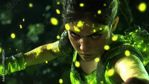 Intense Warrior in a Dynamic Action Scene Surrounded by Green Particles in an Epic Adventure Environment