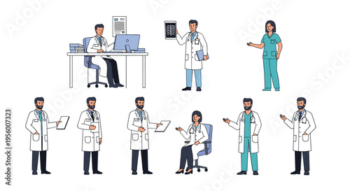 Medical professional character set with doctors and nurses in hospital office poses flat vector illustration