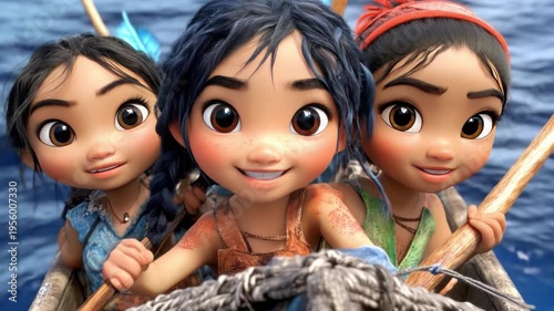 Three cheerful cartoon girls rowing a boat on a vibrant ocean with smiles reflecting joy and adventure