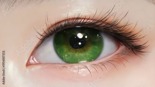 Close-up View of a Unique Green Eye with Distinctive Features and Lashes on a Soft Background