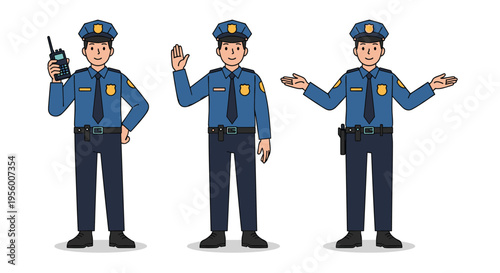 Police officer character set with law enforcement uniform and safety gestures flat vector illustration