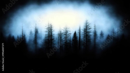 Ethereal Blue Forest Landscape with Tall Pine Trees and Mystical Fog at Sunrise