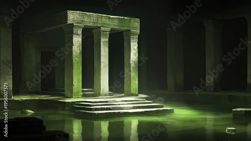Mysterious Ancient Temple Ruins Surrounded by Water and Dark Shadows in an Enigmatic Atmosphere
