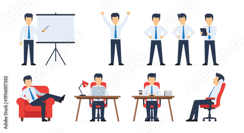 Professional office worker character set with desk laptop and executive chair for workplace productivity and management concepts