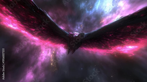 Majestic Cosmic Bird with Glowing Wings Flying Through a Colorful Nebula in Deep Space