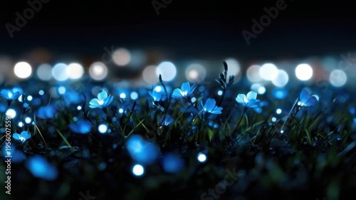 Enchanted Blue Flowers Illuminated by Nighttime Glow in a Magical Serenity Landscape