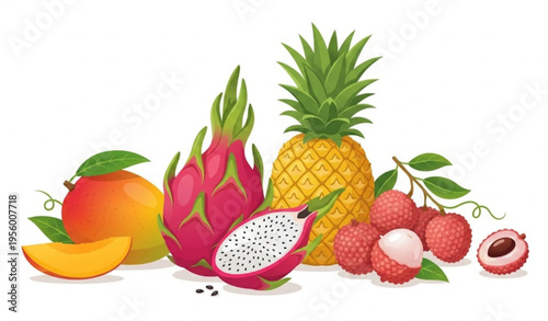 Exotic Tropical Fruits Collection Vector Illustration – Dragon Fruit, Pineapple, Mango, Lychee