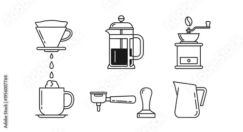 Manual Coffee Brewing Equipment Black Outline Icon Set