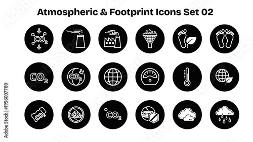 Carbon Footprint Monitoring and CO2 Emission Reduction Icons in Circle Frames