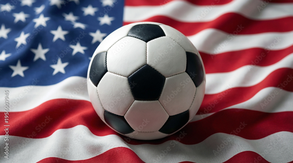 Naklejka premium Soccer ball on a waving american flag background with red white and blue colors