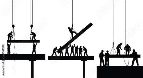 Construction workers lifting steel beam silhouettes, teamwork at industrial building site with cranes, structural installation and engineering collaboration concept